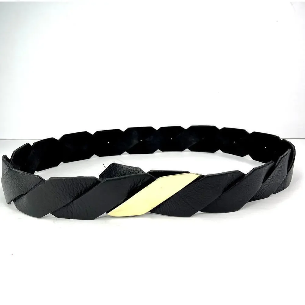 RAINA Genuine Leather Black Braided Belt Gold Metal Hook Buckle Vintage